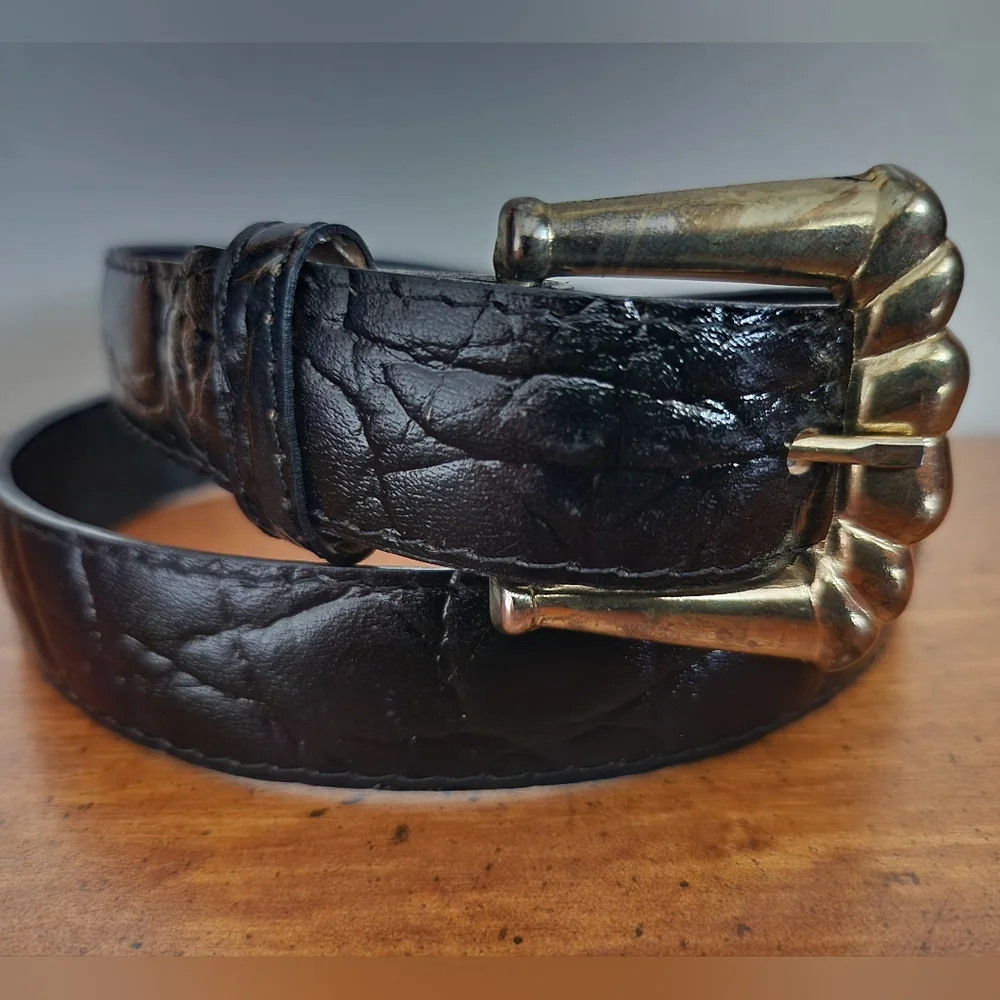 Mexico Dark Brown Faux Leather Textured Belt Gold Tone Metal Buckle